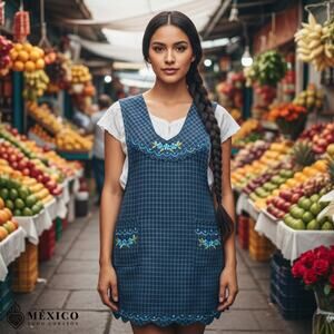 Blue Mexican Embroidered Apron – Essential Cotton Blend Kitchen Apron